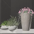 Large Gray Concrete Pot With Pink Flowers And Two Smaller White Potted Green Plants