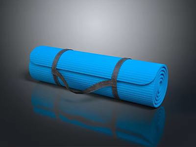 Blue Rolled Yoga Mat With Black Strap On Reflective Black Surface 3d model