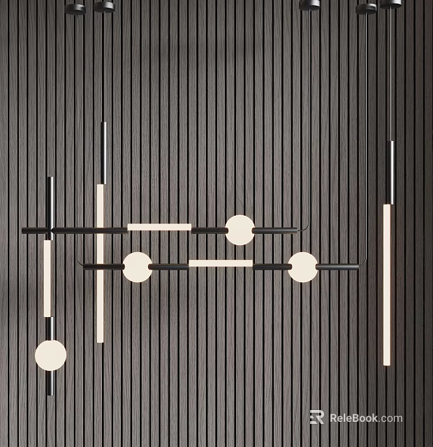 Modern Minimalist Linear Chandelier With Black Metal Rods And White Circular Lights 3d model 