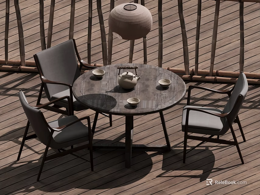 Outdoor Terrace Round Table And Four Chairs Set With Wooden Floor And Hanging Lamp 3d model 