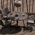 Outdoor Terrace Round Table And Four Chairs Set With Wooden Floor And Hanging Lamp