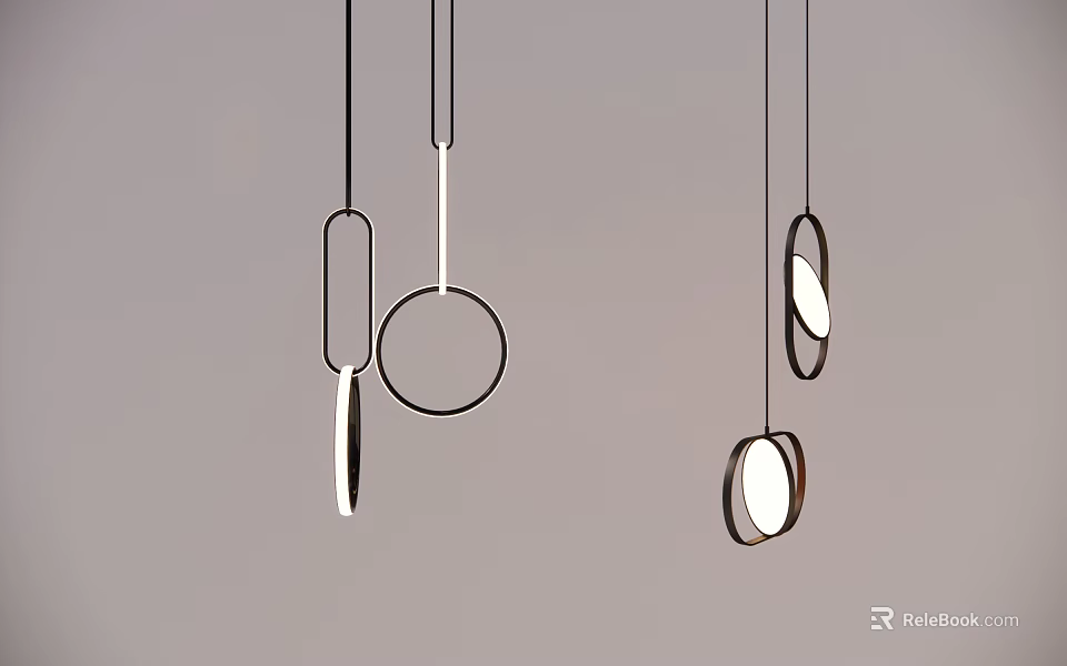 Modern Silver Pendant Lights With Circular And Rectangular Metal Frames In Minimalist Kitchen Interior 3d model