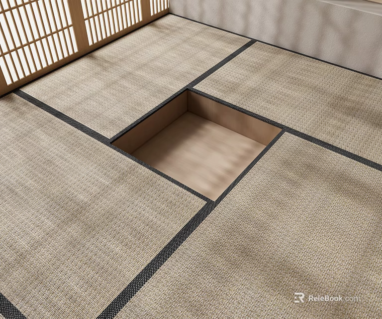 Square Tatami Style Rug With Grid Design And Sunken Area In Room Interior 3d model 