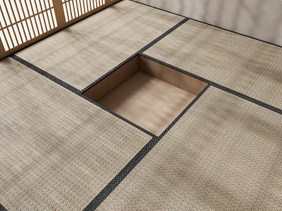 Square Tatami Style Rug With Grid Design And Sunken Area In Room Interior 3d model