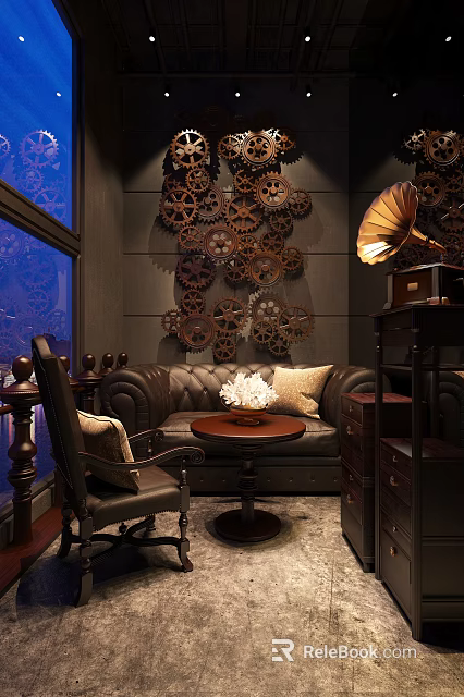 Vintage Leisure Area With Gear Wall Decor Gramophone Leather Sofa And Round Coffee Table 3d model 