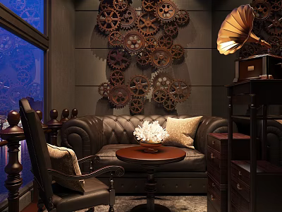Vintage Leisure Area With Gear Wall Decor Gramophone Leather Sofa And Round Coffee Table 3d model
