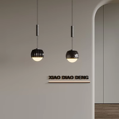 Two Modern Black Spherical Pendant Lights With Glass Shade Hanging On Interior Wall 3d model
