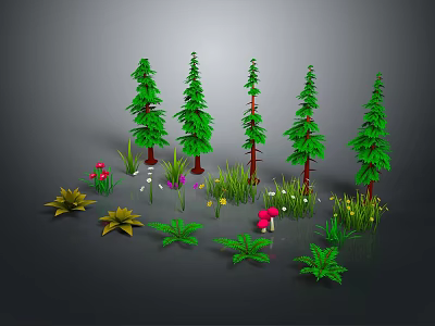 Various Plants With Tall Pine Trees Low Plants Red White Flowers Mushrooms And Green Leaves 3d model