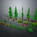 Various Plants With Tall Pine Trees Low Plants Red White Flowers Mushrooms And Green Leaves