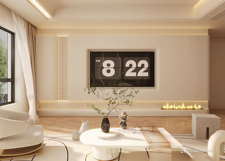 Modern Living Room Interior With Beige Walls Large Windows White Curtains TV Fireplace And Sofa 3d model 