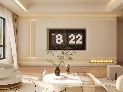 Modern Living Room Interior With Beige Walls Large Windows White Curtains TV Fireplace And Sofa 3d model