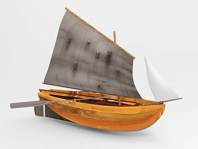 Handcrafted Wooden Sailboat Model with Gray Main Sail White Small Sail and Oar 3d model