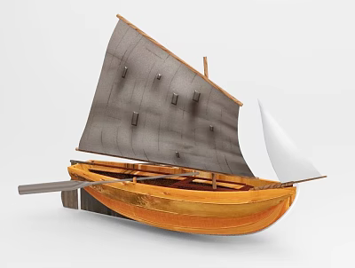 Handcrafted Wooden Sailboat Model with Gray Main Sail White Small Sail and Oar 3d model