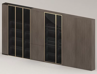 Modern Wooden Wall Panel With Glass Doors And Gold Frames Storage Design 3d model