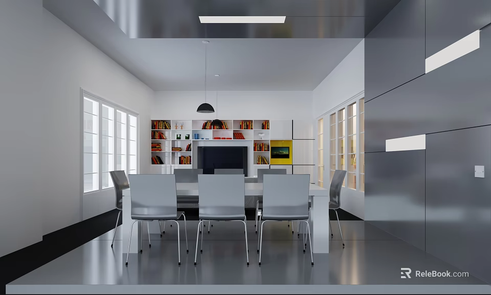 Modern Living And Dining Room Interior With Large Windows Bookshelves TV And Dining Table 3d model 