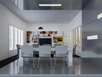 Modern Living And Dining Room Interior With Large Windows Bookshelves TV And Dining Table 3d model