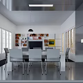 Modern Living And Dining Room Interior With Large Windows Bookshelves TV And Dining Table