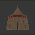 Brown Canvas Tent With Red Awning And Wooden Poles For Outdoor Camping Design
