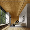 Modern Living and Dining Room Interior Design With Wooden Ceiling Large Windows And Forest View