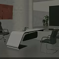 Modern Public Office Workspace With White Desk Gray Chairs Red Decorative Wall And Green Plants