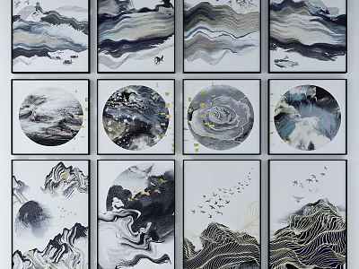 Ink Style Landscape Paintings With Mountains Clouds And Circular Square Frames 3d model