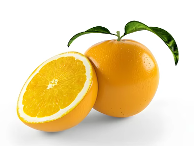 Fresh Ripe Oranges With Whole And Sliced Pieces And Green Leaves 3d model