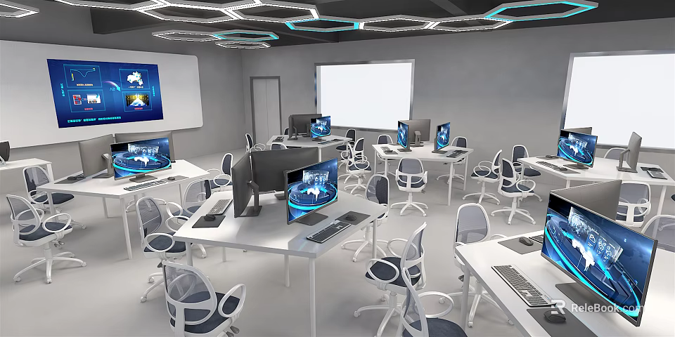 School Modern Classroom Featuring Computers Desks Projector And Interactive Screens 3d model 