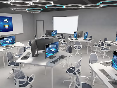 School Modern Classroom Featuring Computers Desks Projector And Interactive Screens 3d model