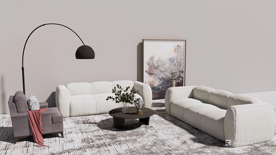 Modern White Sofa Coffee Table Set With Textured Rug Floor Lamp And Decorative Painting 3d model 