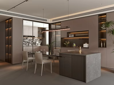 Modern Restaurant Interior With Marble Island Dining Table Chairs And Hanging Lights 3d model