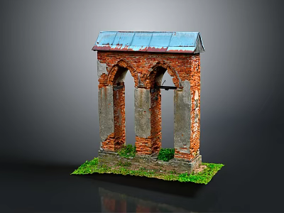 Red Brick Model Structure With Three Arched Openings Blue Metal Roof And Green Grass Base 3d model