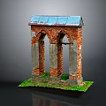 Red Brick Model Structure With Three Arched Openings Blue Metal Roof And Green Grass Base