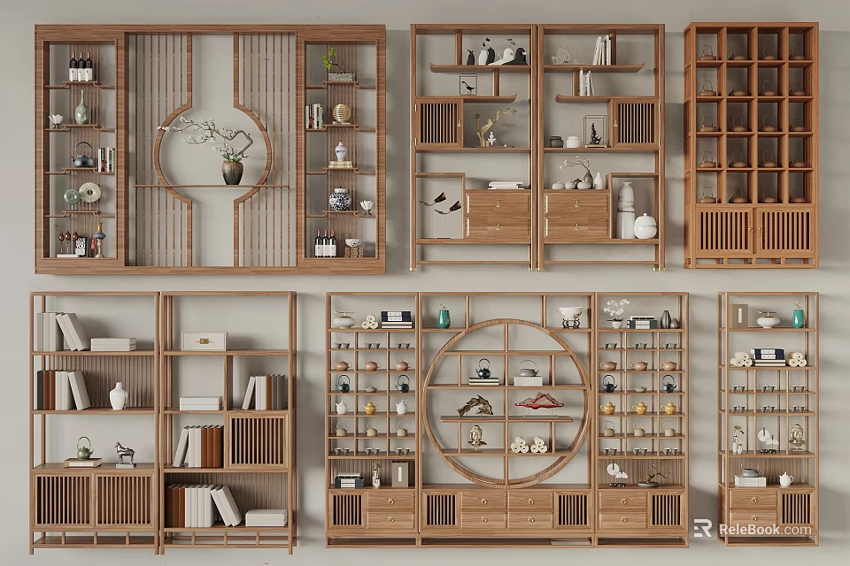 Chinese Traditional Wooden Bogu Shelves Displaying Porcelain Books And Various Decorative Items 3d model 