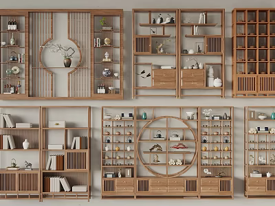 Chinese Traditional Wooden Bogu Shelves Displaying Porcelain Books And Various Decorative Items 3d model