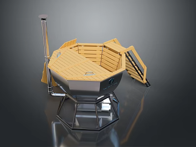 Wooden Sauna Barrel With Metal Frame Chimney Ladder And Hexagonal Base 3d model