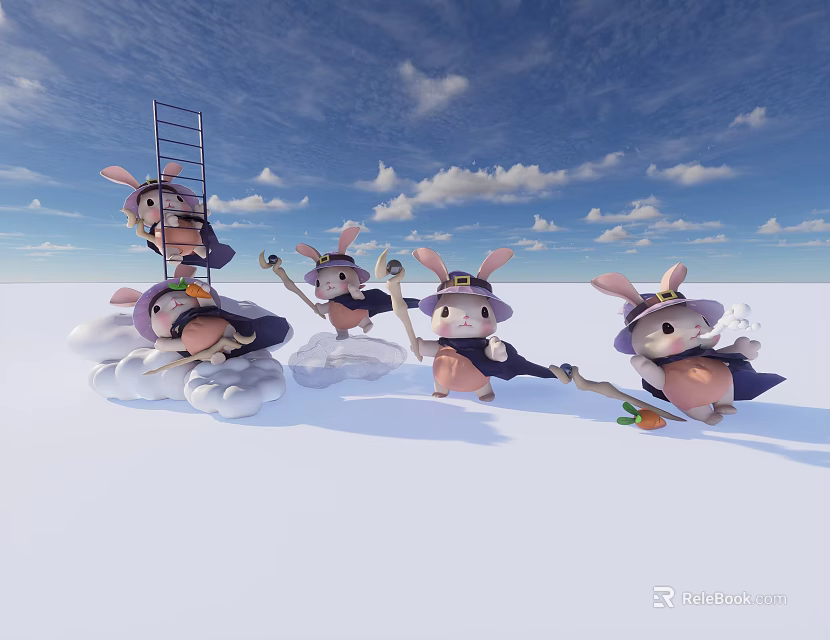 Rabbit Inflatable Models Wearing Wizard Hats and Cloaks On Clouds with Broomsticks Under Blue Sky 3d model 