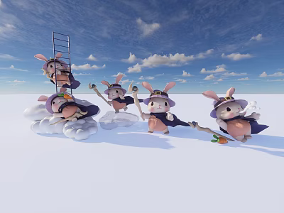 Rabbit Inflatable Models Wearing Wizard Hats and Cloaks On Clouds with Broomsticks Under Blue Sky 3d model