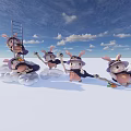 Rabbit Inflatable Models Wearing Wizard Hats and Cloaks On Clouds with Broomsticks Under Blue Sky