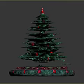 Green Christmas Tree With Red Star On Top And Decorative Red Ornaments Base