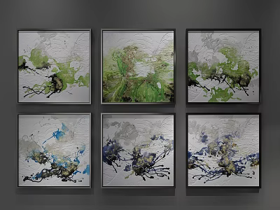 Six Framed Abstract Paintings Featuring Green Blue Black Brushstrokes On Wall 3d model