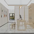 Modern Study Room Interior With Wooden Bookshelves Writing Desk Apple Computer And Calligraphy Artwork
