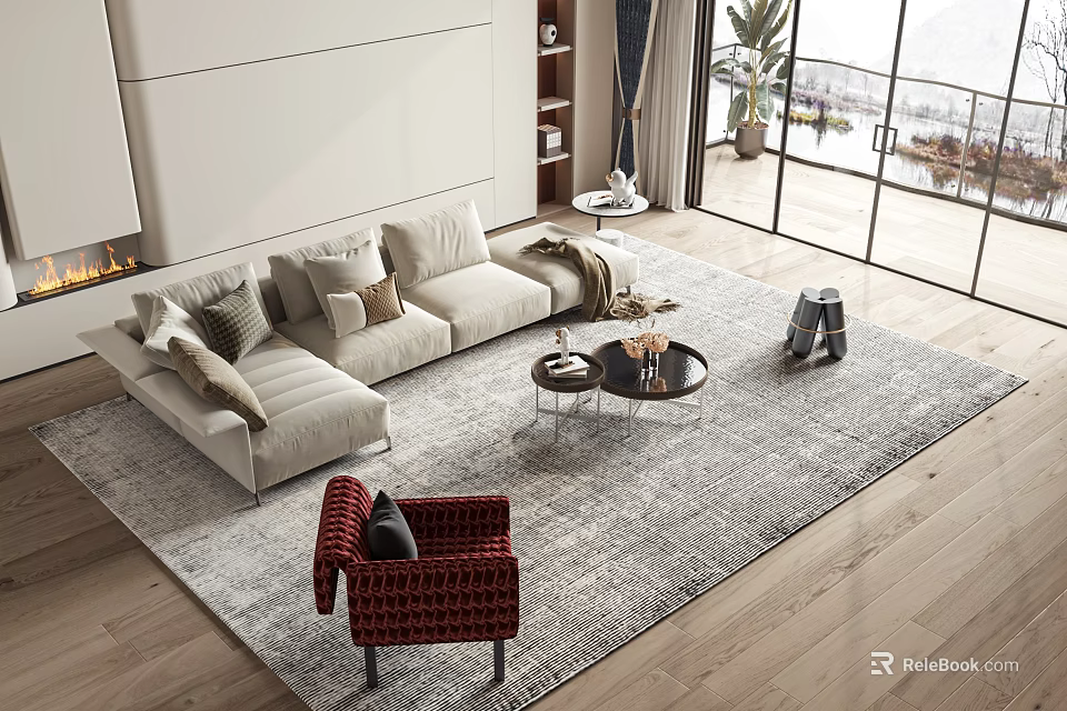 Modern Beige L shaped Sofa With Round Coffee Table Throw Pillows Blanket And Red Chair 3d model 