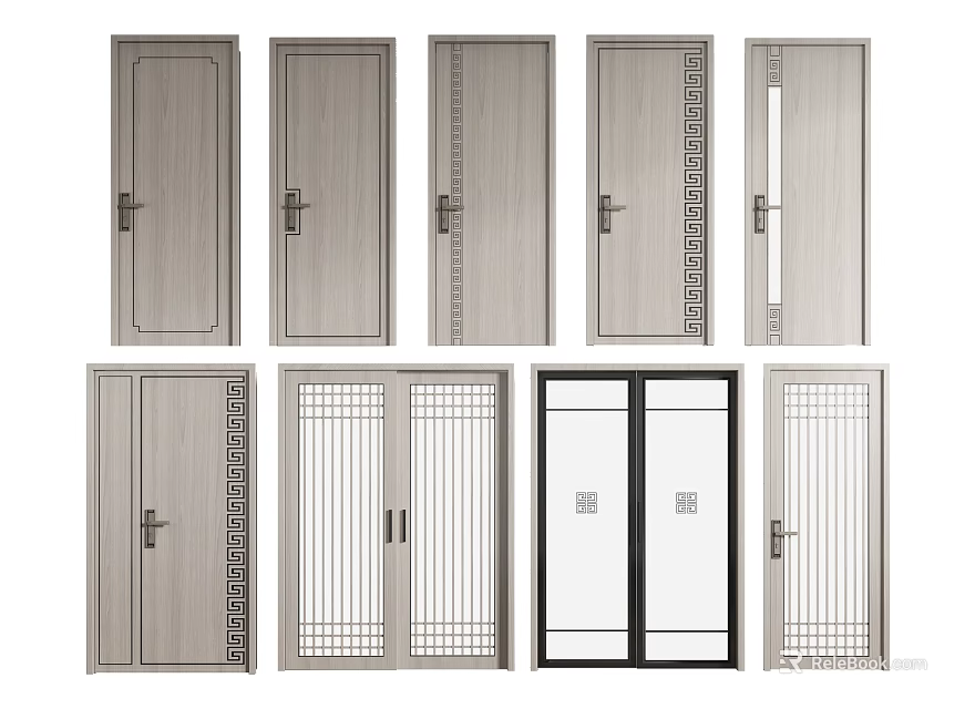 Various Modern Swing Doors with Diverse Panel Patterns and Glass Insert Features 3d model