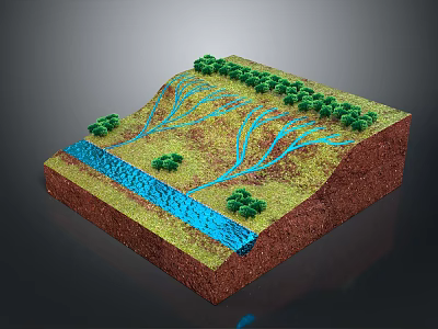 Landform Cross Section Model With Green Vegetation And Blue Water Flow 3d model
