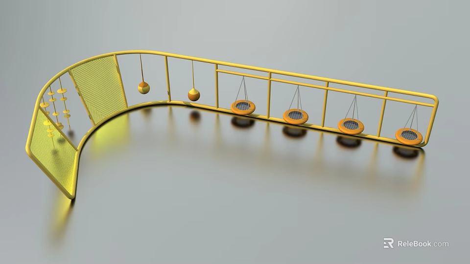 Yellow Curved Outdoor Playground Equipment With Hanging Circular Swings And Metal Railings 3d model 