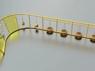 Yellow Curved Outdoor Playground Equipment With Hanging Circular Swings And Metal Railings 3d model
