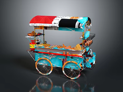 Colorful Street Food Cart With Red Blue Canopy And Waffle Snacks 3d model