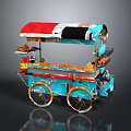 Colorful Street Food Cart With Red Blue Canopy And Waffle Snacks