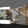Elegant Hotel Lobby Interior Design With Grand Staircase Reception Desk And Potted Plants
