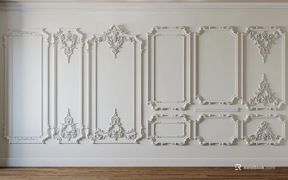 Decorative Lines With Ornate Frames And Carvings On White Wall With Wooden Floor 3d model 